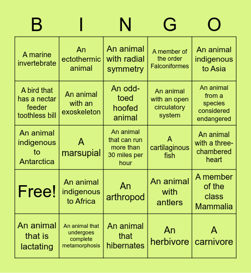 Zoo Bingo Card
