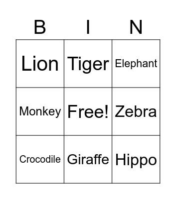 Jungle Animals Bingo Card