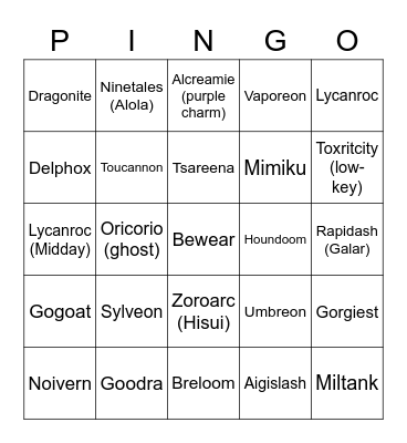Favourite fully evolved Pokemon Bingo Card