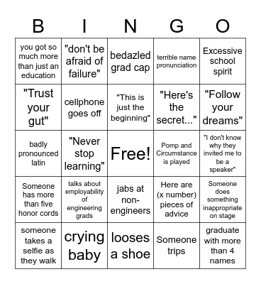 Graduation Boredom Bingo Card