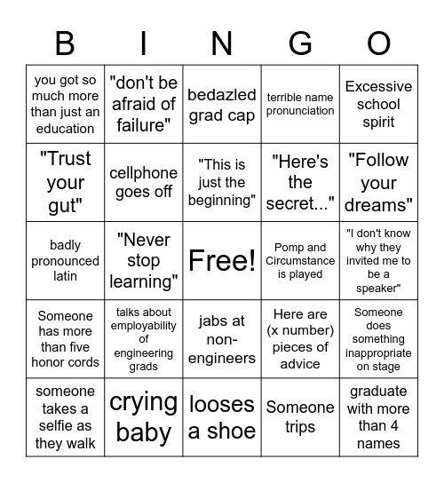 Graduation Boredom Bingo Card