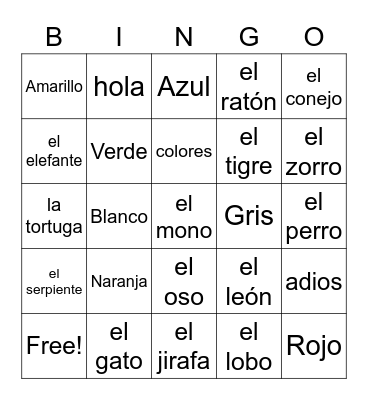 Spanish Vocabulary Bingo Card