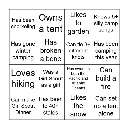 Girl Scout Camping Bingo Card