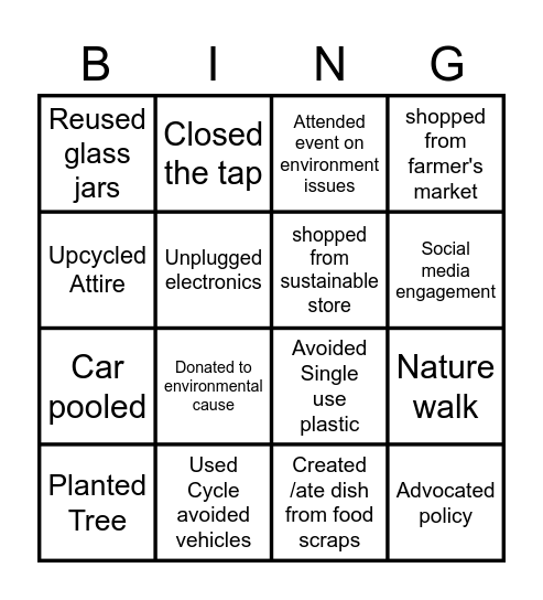 sustainable challenge Bingo Card