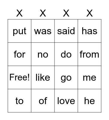 Heart Word BINGO Card