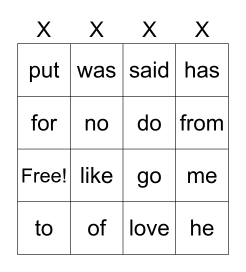 Heart Word BINGO Card