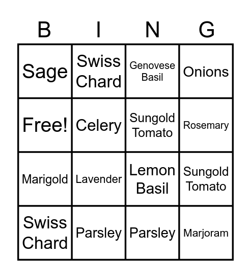 Garden Bingo Card