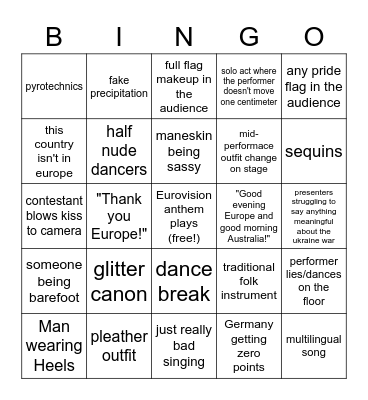 Eurovision 2023 Bingo Card