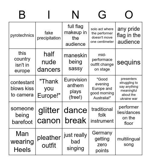 Eurovision 2023 Bingo Card