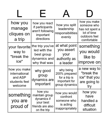As a leader, share... Bingo Card