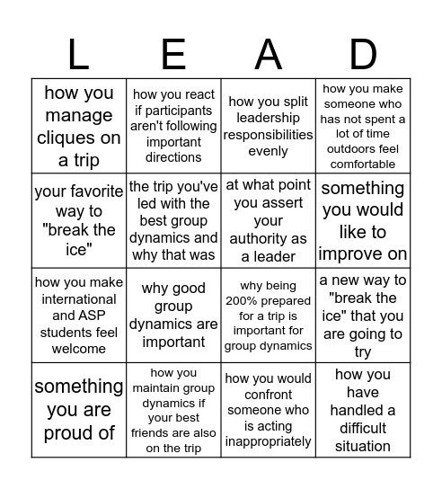 As a leader, share... Bingo Card