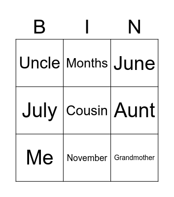 The Family Members Bingo Card