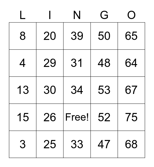 LINGO CARDS Bingo Card