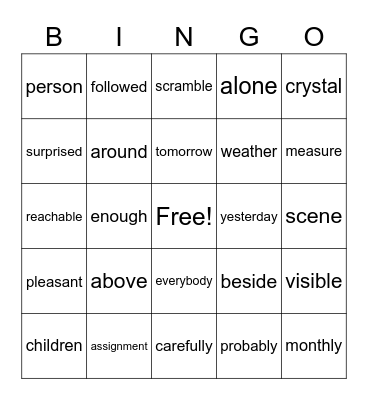Grade 2 BINGO Words Bingo Card