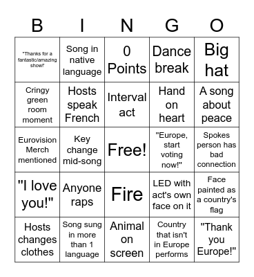 Eurovision 2023 Bingo Card