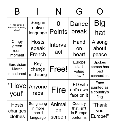 Eurovision 2023 Bingo Card