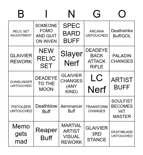 PTR BINGO Card