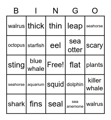 Sea Animals Bingo Card