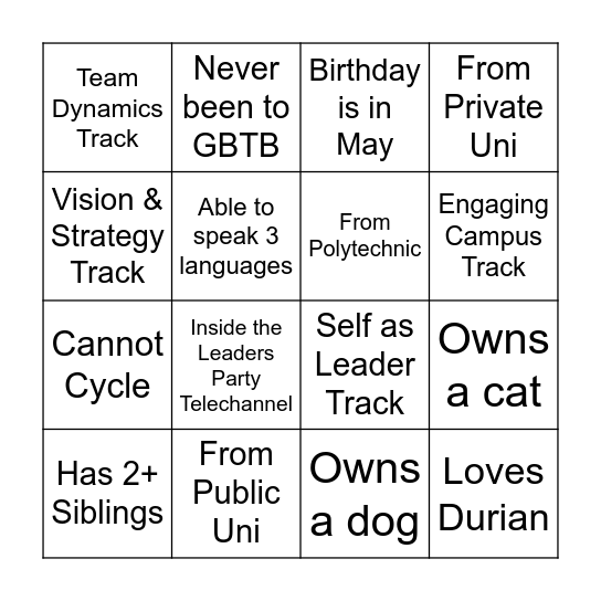 Leaders Party Bingo Card