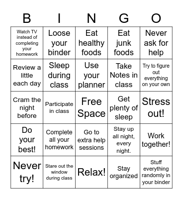 Good vs. Bad Study Skills Bingo Card