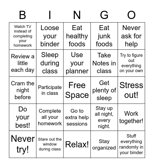 Good vs. Bad Study Skills Bingo Card