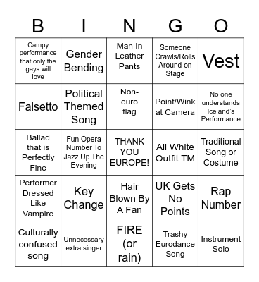 Eurovision 2023 Bingo Card