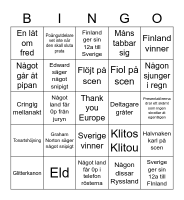 Eurovision bingo Card