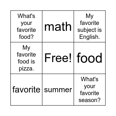 What's you favorite subject? Bingo Card