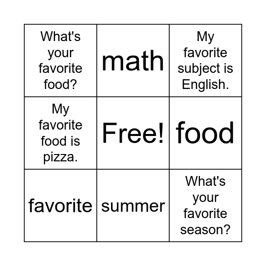 What's you favorite subject? Bingo Card
