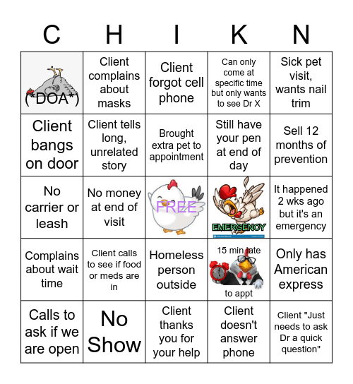 Veterinary Bingo Chikn Bingo Card