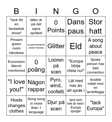 Eurovision 2023 Bingo Card