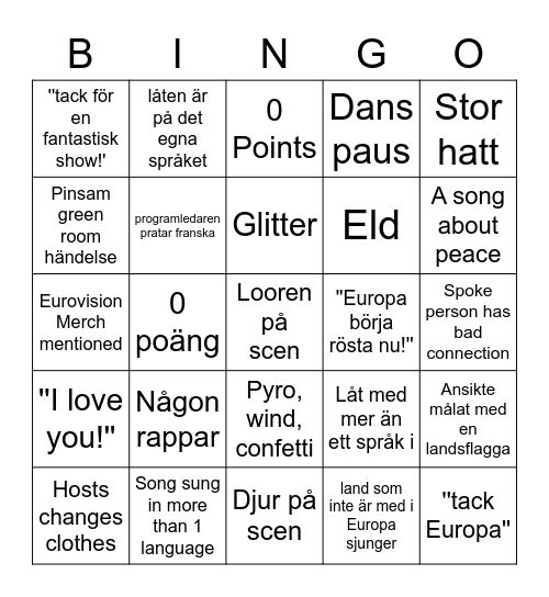 Eurovision 2023 Bingo Card