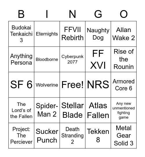 PS5 SHOWCASE 2023 Bingo Card