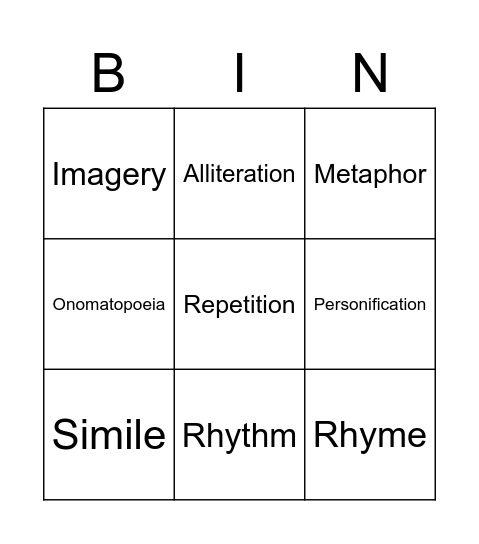 Poetry Techniques Bingo Card