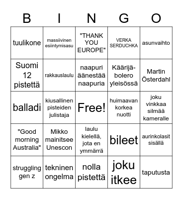 EUROVIISUT Bingo Card