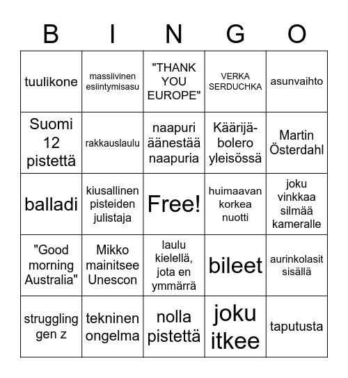 EUROVIISUT Bingo Card