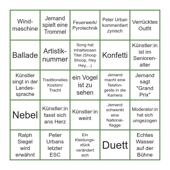 ESC Bingo 2023 Bingo Card