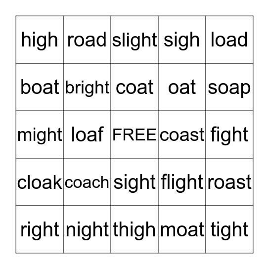 Long vowel patterns "oa" and "igh" Bingo Card