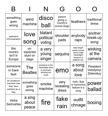 Eurovision Bingo Card