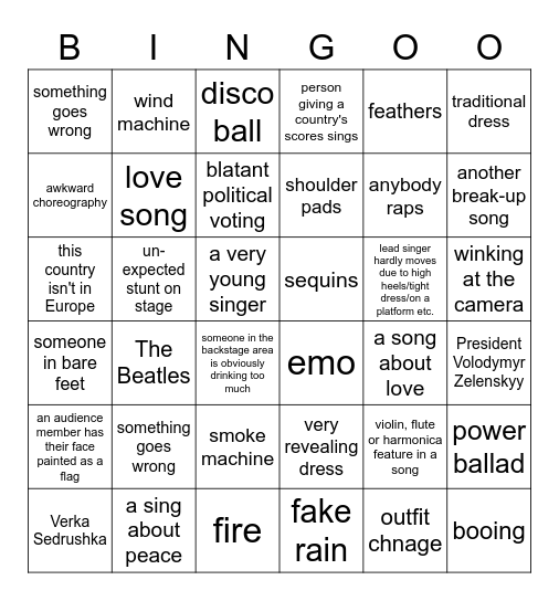 Eurovision Bingo Card