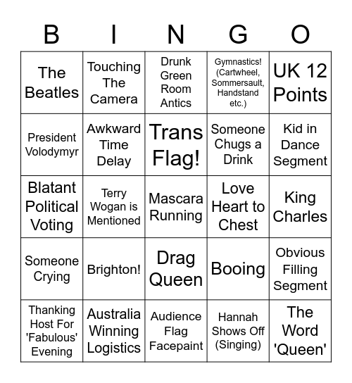 Eurovision Bingo Card