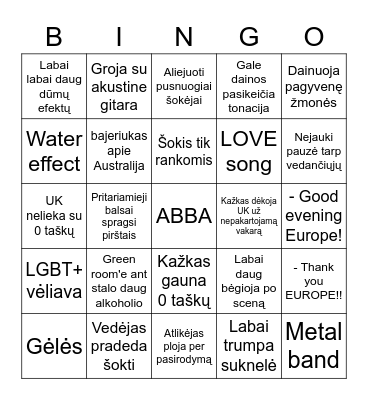 Eurovizija 2023 Bingo Card