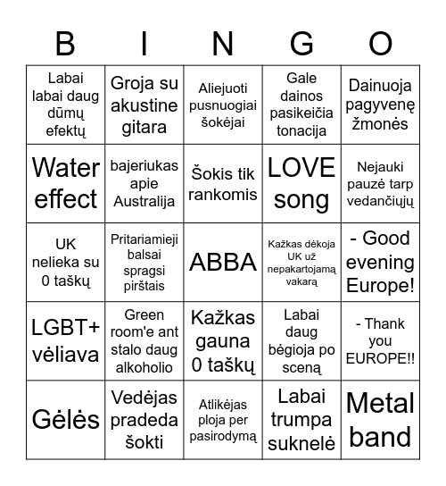 Eurovizija 2023 Bingo Card