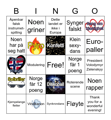 Eurovision 2023 Bingo Card