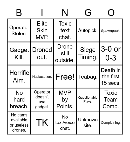 R6 Siege Bingo Card