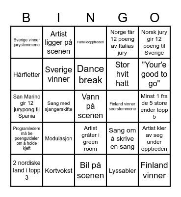 Eurovision 2023 Bingo Card