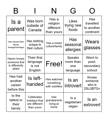 Diversity Bingo Card