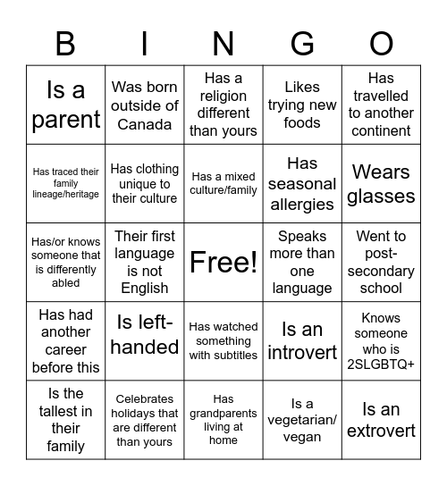 Diversity Bingo Card