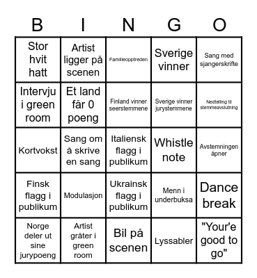 Eurovision 2023 Bingo Card