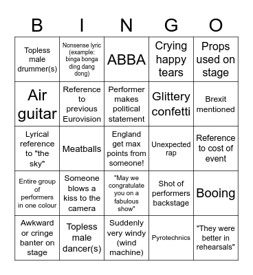 Eurovision bingo! Bingo Card